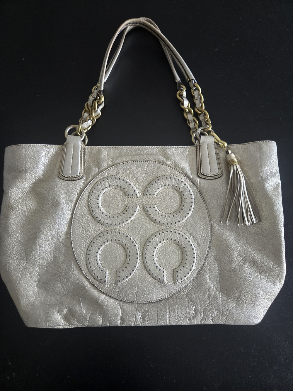Y2K Coach Metallic Champagne Leather Perforated Op Art Tote Bag